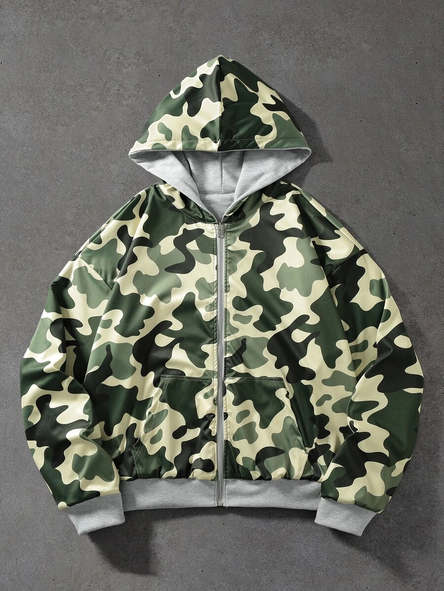 ROMWE MEN Street Life Hoodie Pria dengan Kantong Resleting, Kasual, Serbaguna untuk Pemakaian Sehari-hari - Light Grey - View 1