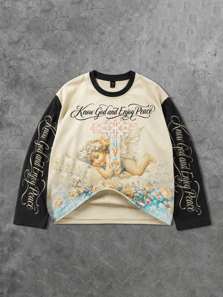 ROMWE MEN Men's Loose Fit Long Sleeve T-Shirt With Angel Print Pattern - Khaki - View 1