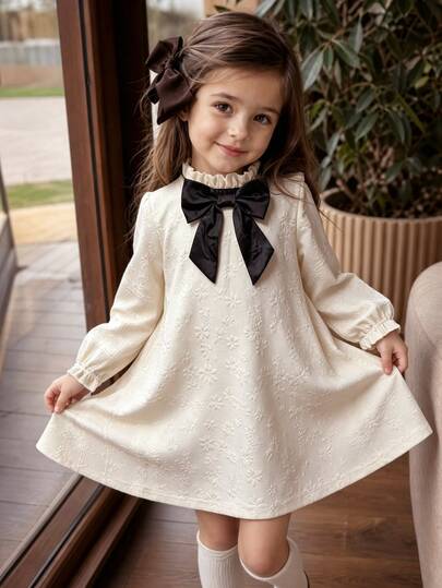 SHEIN Young Girls White Jacquard Long Sleeve A-Line Dress, Puff Sleeves, Lace Collar, Bow Design On Chest, Cute And Elegant, Suitable For Vacation, Graduation Ceremony, Coming Of Age, Flower Girl, New Year Party, Ball, Evening Party, Back To School, Christmas, Halloween, Autumn/Winter Dress, All Season