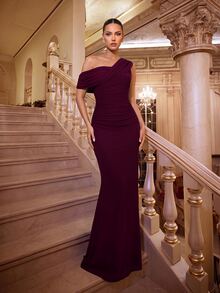 2025 New Elegant Angora Red Mesh One-Shoulder Ruched Decor Fitted Mermaid Maxi Dress, Suitable For Weddings, Formal Events, Bridesmaid Gown - Burgundy - View 4