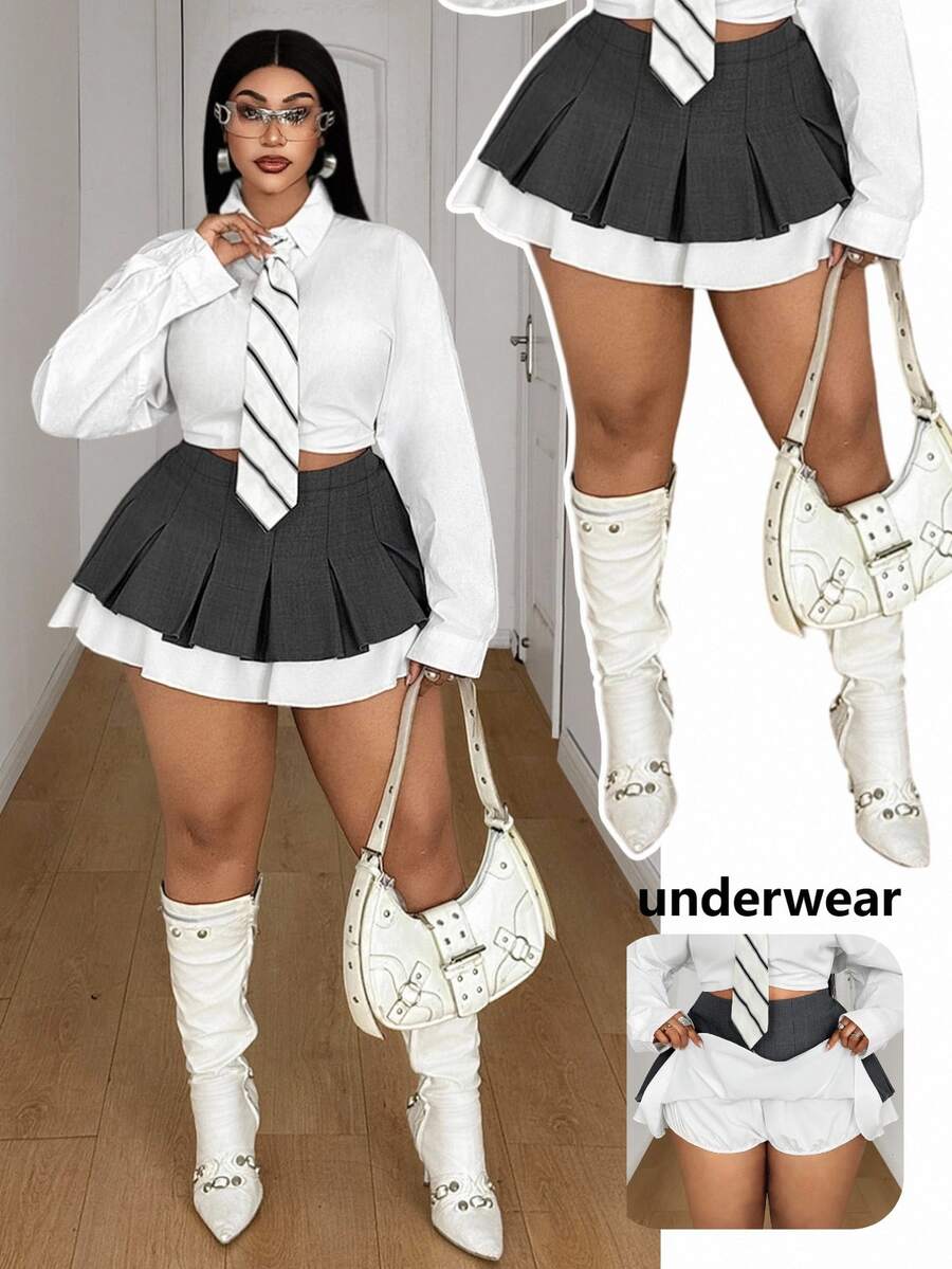 Maweii Rok Pendek Lipit Warna Blok Patchwork Musim Semi Gugur Musim Dingin Elegan Minimalis Kasual untuk Perjalanan Fashion Niche Desain Baru Esensial Elegan Indah Pakaian Sehari-hari Pakaian Kantor Tempat Kerja Abu-abu Ukuran Plus - Grey - View 1