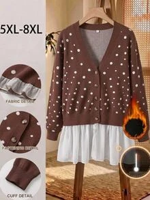 SHEIN CURVE+ Plus Size Women Polka Dot Colorblock Casual 80s Versatile Cardigan Fall Office Brown - Multicolor - View 1