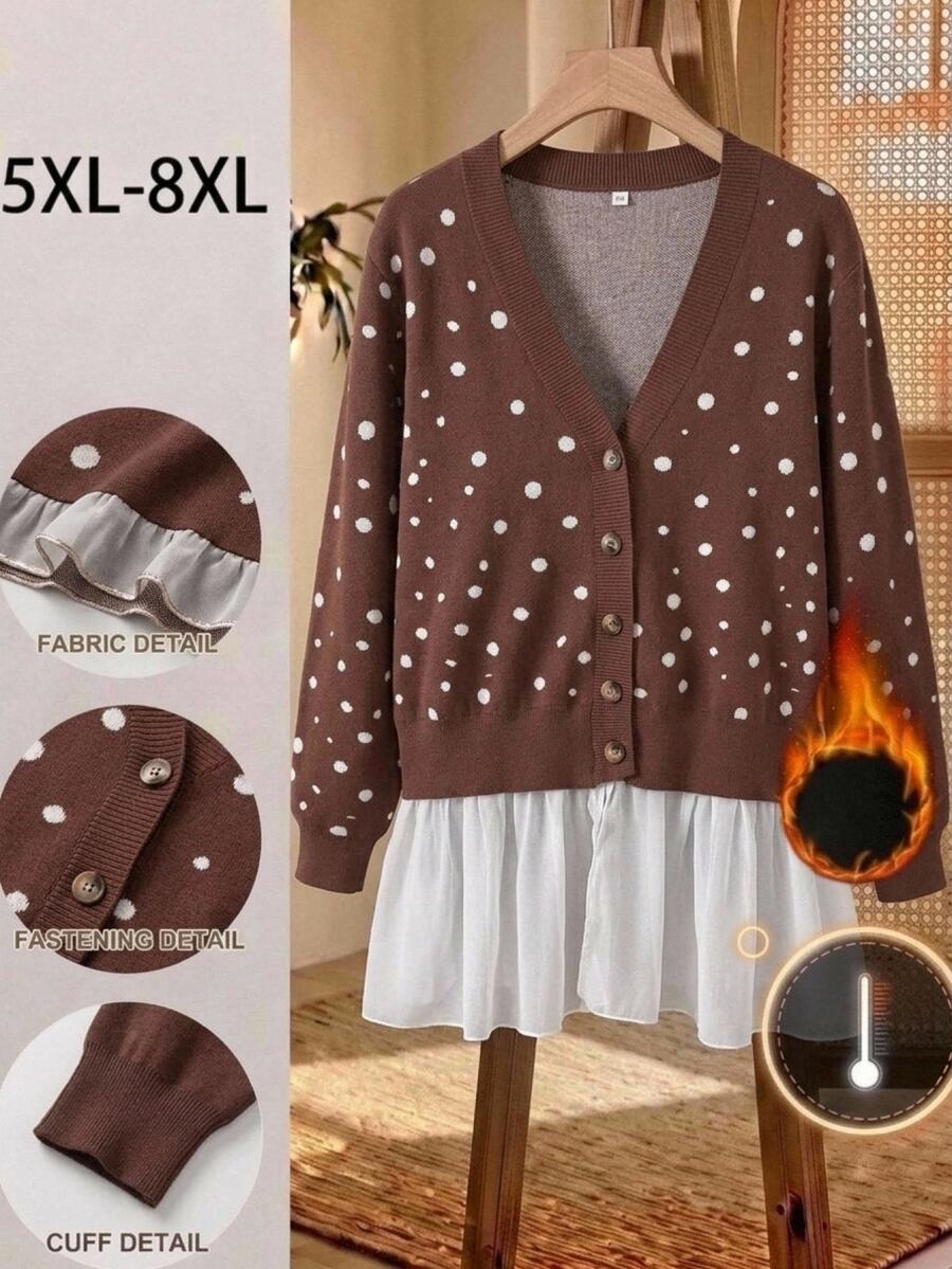 SHEIN CURVE+ Plus Size Women Polka Dot Colorblock Casual 80s Versatile Cardigan Fall Office Brown - Multicolor - View 1