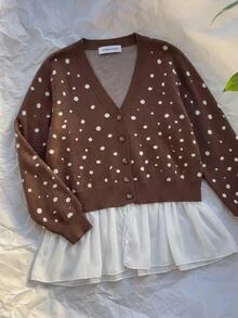SHEIN CURVE+ Plus Size Women Polka Dot Colorblock Casual 80s Versatile Cardigan Fall Office Brown - Multicolor - View 7