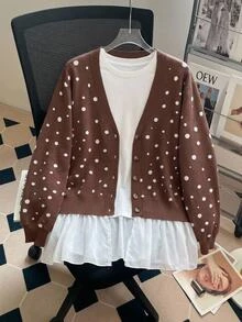 SHEIN CURVE+ Plus Size Women Polka Dot Colorblock Casual 80s Versatile Cardigan Fall Office Brown - Multicolor - View 6