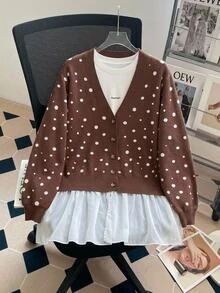 SHEIN CURVE+ Plus Size Women Polka Dot Colorblock Casual 80s Versatile Cardigan Fall Office Brown - Multicolor - View 10