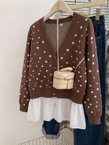 SHEIN CURVE+ Plus Size Women Polka Dot Colorblock Casual 80s Versatile Cardigan Fall Office Brown - Multicolor - View 8
