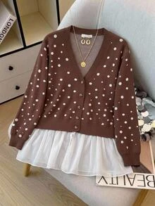 SHEIN CURVE+ Plus Size Women Polka Dot Colorblock Casual 80s Versatile Cardigan Fall Office Brown - Multicolor - View 3