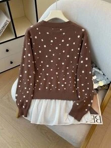 SHEIN CURVE+ Plus Size Women Polka Dot Colorblock Casual 80s Versatile Cardigan Fall Office Brown - Multicolor - View 2