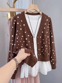 SHEIN CURVE+ Plus Size Women Polka Dot Colorblock Casual 80s Versatile Cardigan Fall Office Brown - Multicolor - View 5