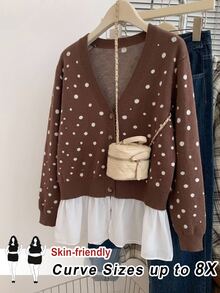 SHEIN CURVE+ Plus Size Women Polka Dot Colorblock Casual 80s Versatile Cardigan Fall Office Brown - Multicolor - View 4