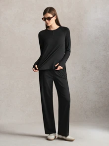 Activina Women's Zipper-Half Sports Long Sleeve Top Pants Set Gym Workout Minimalist Modest Basic Loose-Fitting Athletic Running Active Black Autumn - Black - View 6