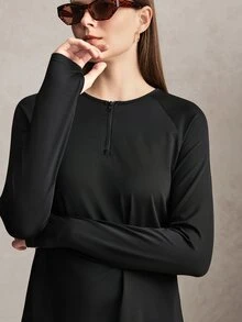 Activina Women's Zipper-Half Sports Long Sleeve Top Pants Set Gym Workout Minimalist Modest Basic Loose-Fitting Athletic Running Active Black Autumn - Black - View 7