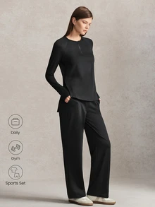 Activina Women's Zipper-Half Sports Long Sleeve Top Pants Set Gym Workout Minimalist Modest Basic Loose-Fitting Athletic Running Active Black Autumn - Black - View 5