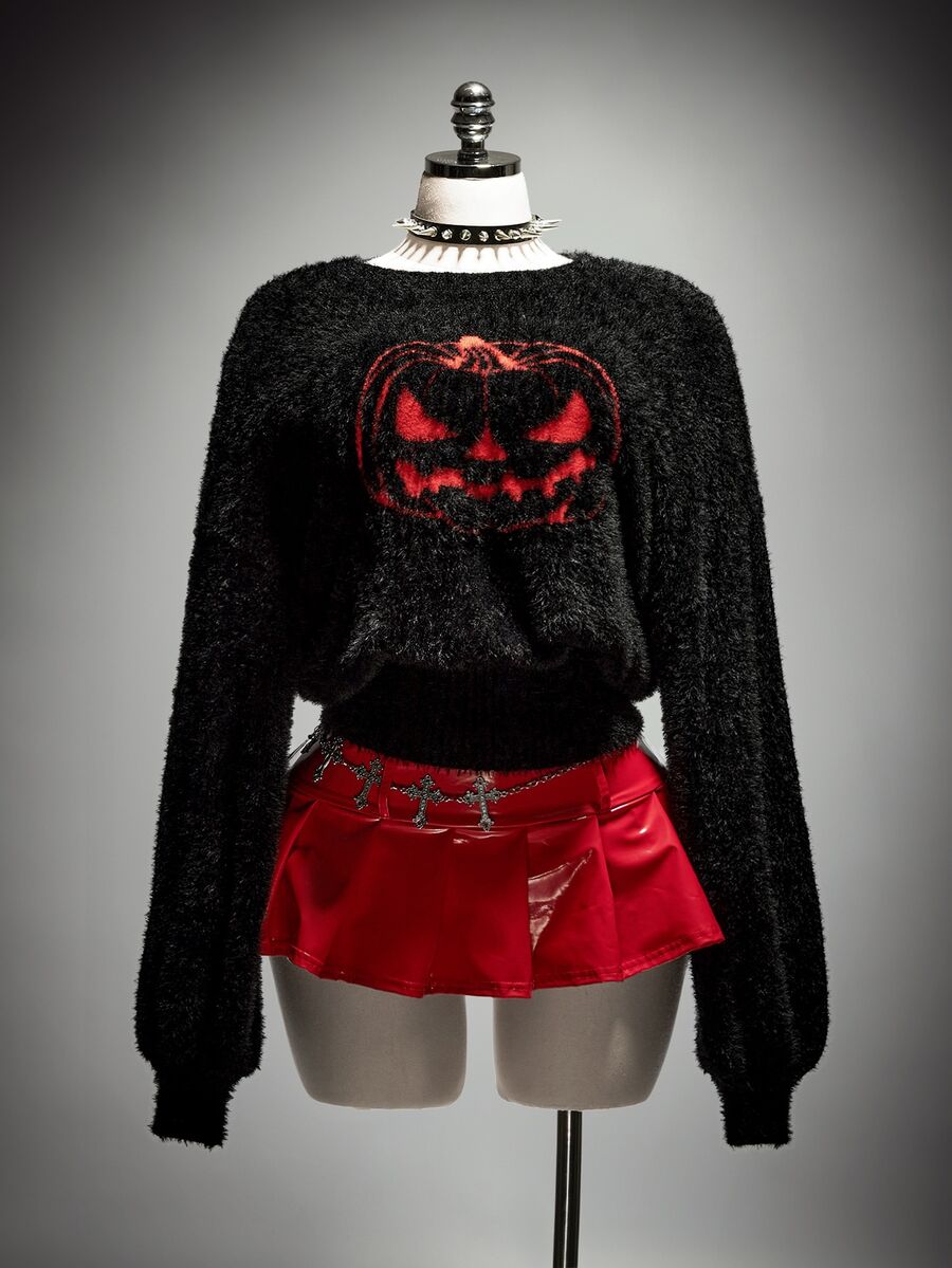 SHEIN ICON Plus Size Halloween Pumpkin Print Sweater Winter - Black - View 1