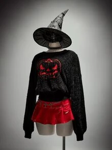 SHEIN ICON Plus Size Halloween Pumpkin Print Sweater Winter - Black - View 6