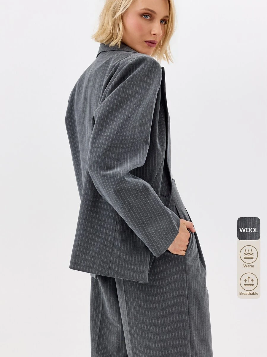 KÆRIA Hus Relaxed Single Breasted Blazer - Compact Tailoring - Charcoal Pinstripe - Elegant, Luxury - Dark Grey - View 1