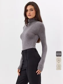 KÆRIA Hus 修身高領上衣 - 舒適彈性貼身 - 混色灰 - 優雅極簡基礎款，休閒、疊穿、職場辦公秋季 - 灰色 - 查看 1