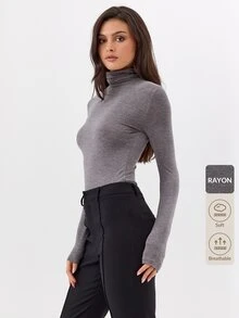 KÆRIA Hus 修身高領上衣 - 舒適彈性貼身 - 混色灰 - 優雅極簡基礎款，休閒、疊穿、職場辦公秋季 - 灰色 - 查看 8