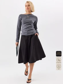 KÆRIA Hus Inverted Box Pleat Midi Skirt - Premium Cotton - Black - Elegant, Casual, Luxury, Modern, Workwear - Black - View 1