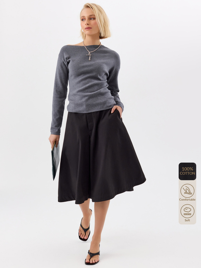 KÆRIA Hus Inverted Box Pleat Midi Skirt - Premium Cotton - Black - Elegant, Casual, Luxury, Modern, Workwear