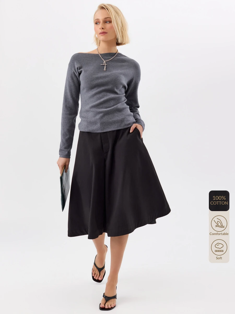 KÆRIA Hus Inverted Box Pleat Midi Skirt - Premium Cotton - Black - Elegant, Casual, Luxury, Modern, Workwear - Black - View 1