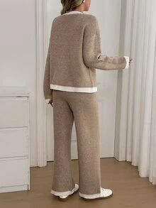 Sprig & Strand Setelan 2 potong wanita: Atasan lengan pendek longgar bertekstur garis-garis leher V warna polos dan celana panjang rajut lebar lurus, gaya kasual untuk bepergian dan beraktivitas. - Khaki - View 2