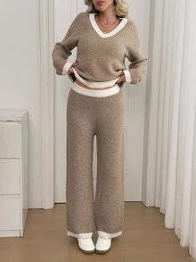 Sprig & Strand Setelan 2 potong wanita: Atasan lengan pendek longgar bertekstur garis-garis leher V warna polos dan celana panjang rajut lebar lurus, gaya kasual untuk bepergian dan beraktivitas. - Khaki - View 4