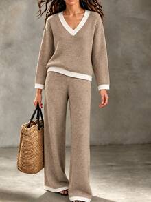 Sprig & Strand Setelan 2 potong wanita: Atasan lengan pendek longgar bertekstur garis-garis leher V warna polos dan celana panjang rajut lebar lurus, gaya kasual untuk bepergian dan beraktivitas. - Khaki - View 7