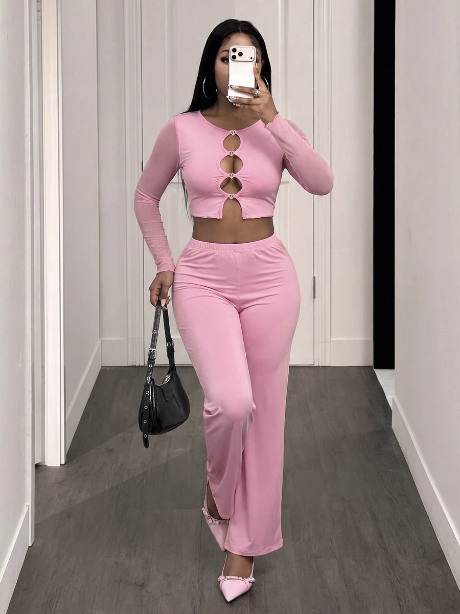 Glyssa Women's Pink Hollow Out Short Long Sleeve Slim Fit Top + Straight Leg Pants Casual 2 Pieces Set - Pink - View 1