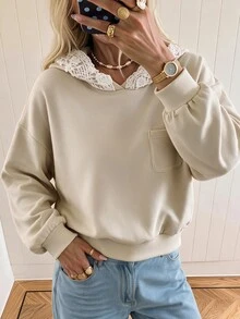 Flora Isola Flora Isola Sweatshirt Kasual Harian Wanita dengan Motif Renda dan Patchwork - Aprikot - View 1