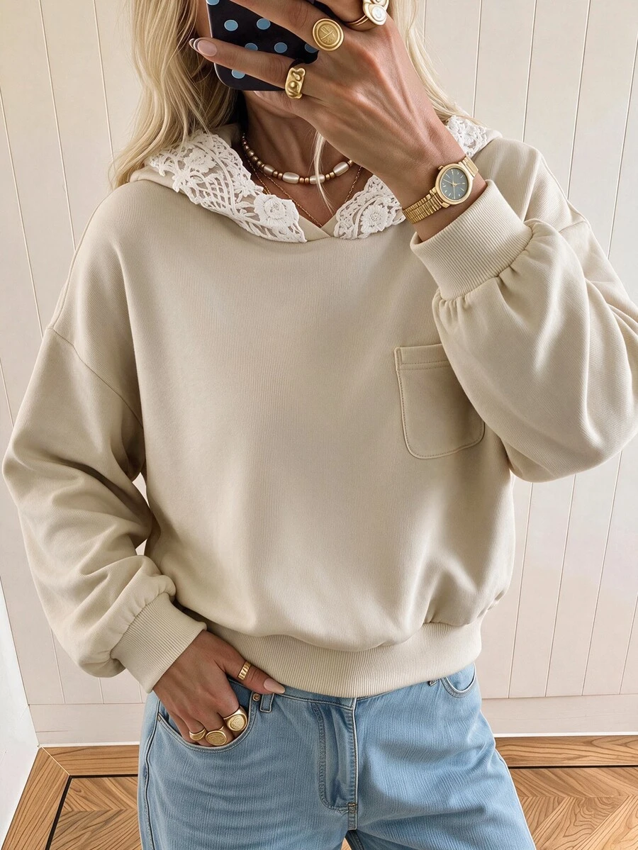 Flora Isola Flora Isola Sweatshirt Kasual Harian Wanita dengan Motif Renda dan Patchwork - Aprikot - View 1