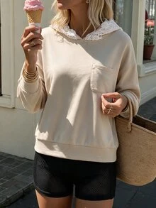 Flora Isola Flora Isola Sweatshirt Kasual Harian Wanita dengan Motif Renda dan Patchwork - Aprikot - View 7