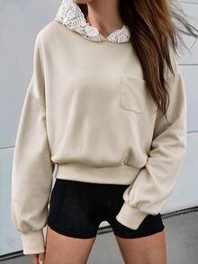 Flora Isola Flora Isola Sweatshirt Kasual Harian Wanita dengan Motif Renda dan Patchwork - Aprikot - View 5