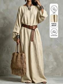 Breezaya Solid Batwing Sleeve Maxi Dress Without Belt - Apricot - View 4