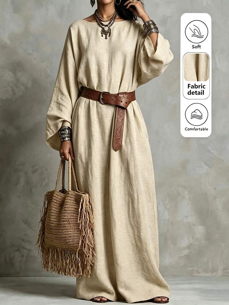Breezaya Solid Batwing Sleeve Maxi Dress Without Belt - Apricot - View 4