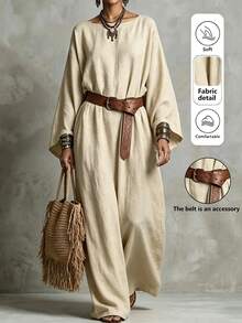 Breezaya Solid Batwing Sleeve Maxi Dress Without Belt - Apricot - View 1