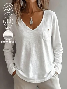 Breezaya Women's Casual Versatile Solid Color Long Sleeve T-Shirt - White - View 9