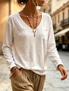 Breezaya Women's Casual Versatile Solid Color Long Sleeve T-Shirt - White - View 7