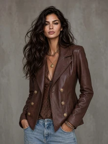 LUMIGAL Caramel Color Vintage Double-Breasted Long Sleeve Women's Leather Jacket - Coffee Brown - View 1