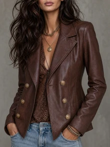 LUMIGAL Caramel Color Vintage Double-Breasted Long Sleeve Women's Leather Jacket - Coffee Brown - View 3