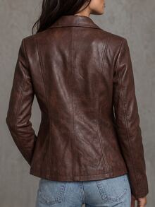 LUMIGAL Caramel Color Vintage Double-Breasted Long Sleeve Women's Leather Jacket - Coffee Brown - View 2