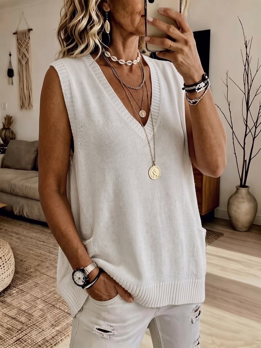 Balvessa Women's Solid Color Casual Versatile Everyday Knit Top - Grey - View 1