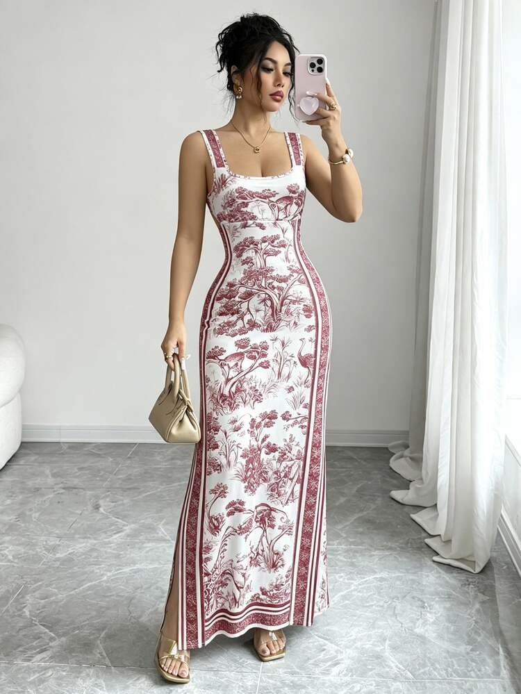 SHEIN Women's Summer Square Neck Spaghetti Strap Backless Slit Hem Fitted High Waist Slim Fit Dress For Party Vacation Tea Party Wedding White And Burgundy - Redwood - View 6