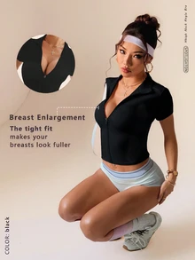 SHEIN Rhythm Era Plus Size Dopamine Black Raglan Short Sleeve Zip-Up Jacket Sports Gym Summer - Black - View 8