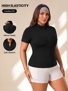 SHEIN Rhythm Era Plus Size Dopamine Black Raglan Short Sleeve Zip-Up Jacket Sports Gym Summer - Black - View 4