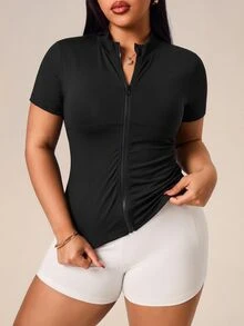 SHEIN Rhythm Era Plus Size Dopamine Black Raglan Short Sleeve Zip-Up Jacket Sports Gym Summer - Black - View 6
