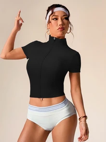 SHEIN Rhythm Era Plus Size Dopamine Black Raglan Short Sleeve Zip-Up Jacket Sports Gym Summer - Black - View 5