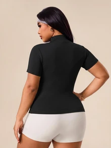 SHEIN Rhythm Era Plus Size Dopamine Black Raglan Short Sleeve Zip-Up Jacket Sports Gym Summer - Black - View 3
