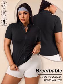 SHEIN Rhythm Era Plus Size Dopamine Black Raglan Short Sleeve Zip-Up Jacket Sports Gym Summer - Black - View 2